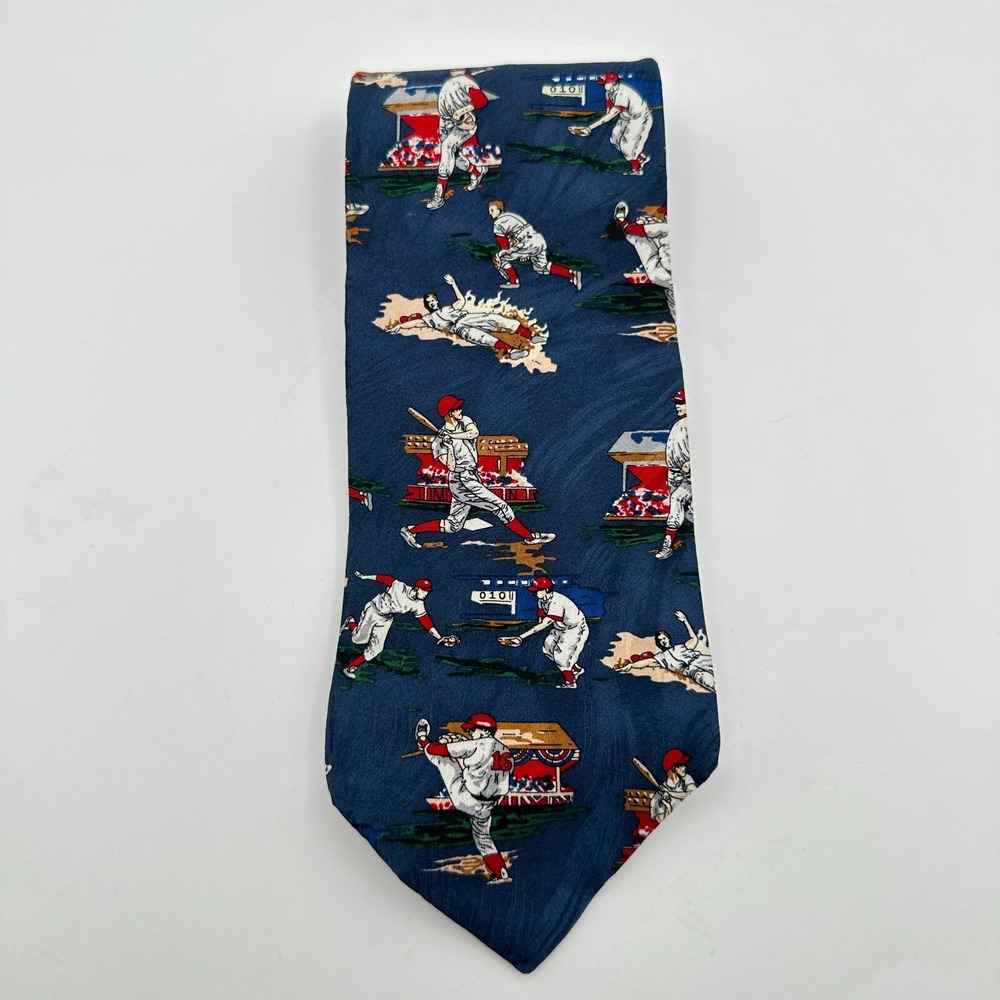 Vintage Giorgio Tie Baseball AOP One Size Blue‎ White Silk Classic Sports USA